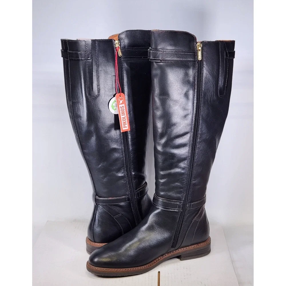 Pikolinos Aldaya Boots Women Size 10 Black Leather Tall Knee High Riding Straps